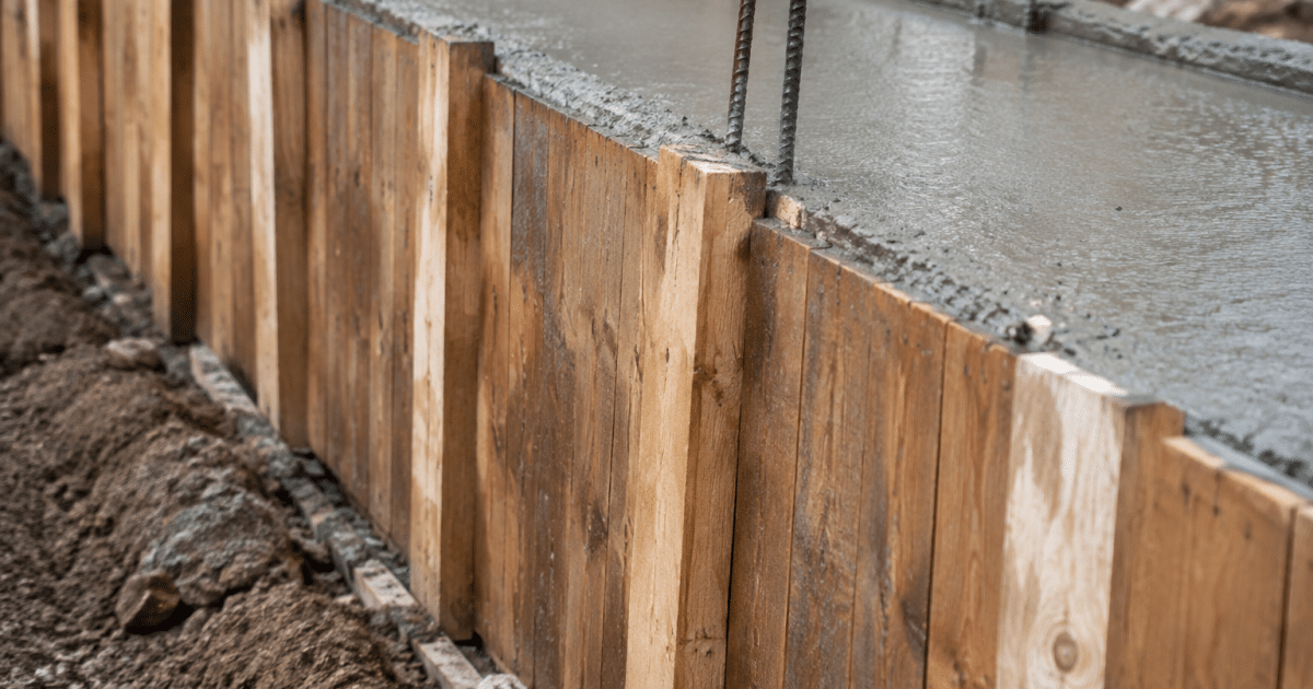 Planches bois alignees verticalement soutenant beton liquide gris