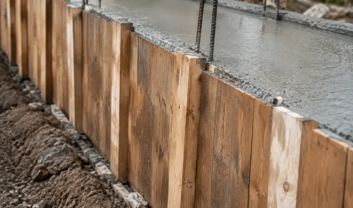 Planches bois alignees verticalement soutenant beton liquide gris
