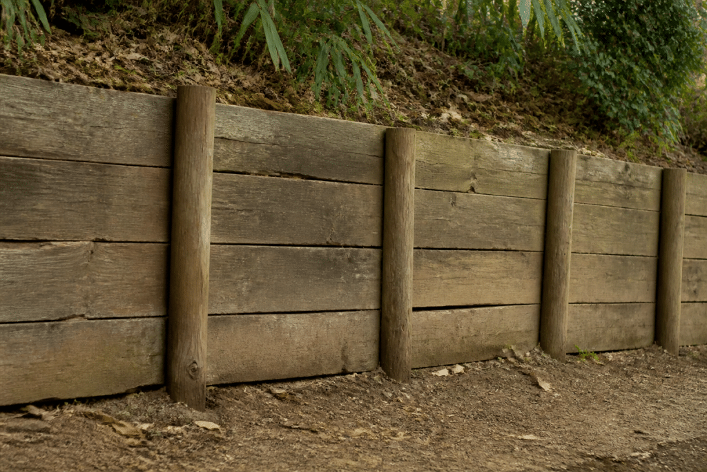 Planches bois epaisses fixees avec piquets espaces regulierement