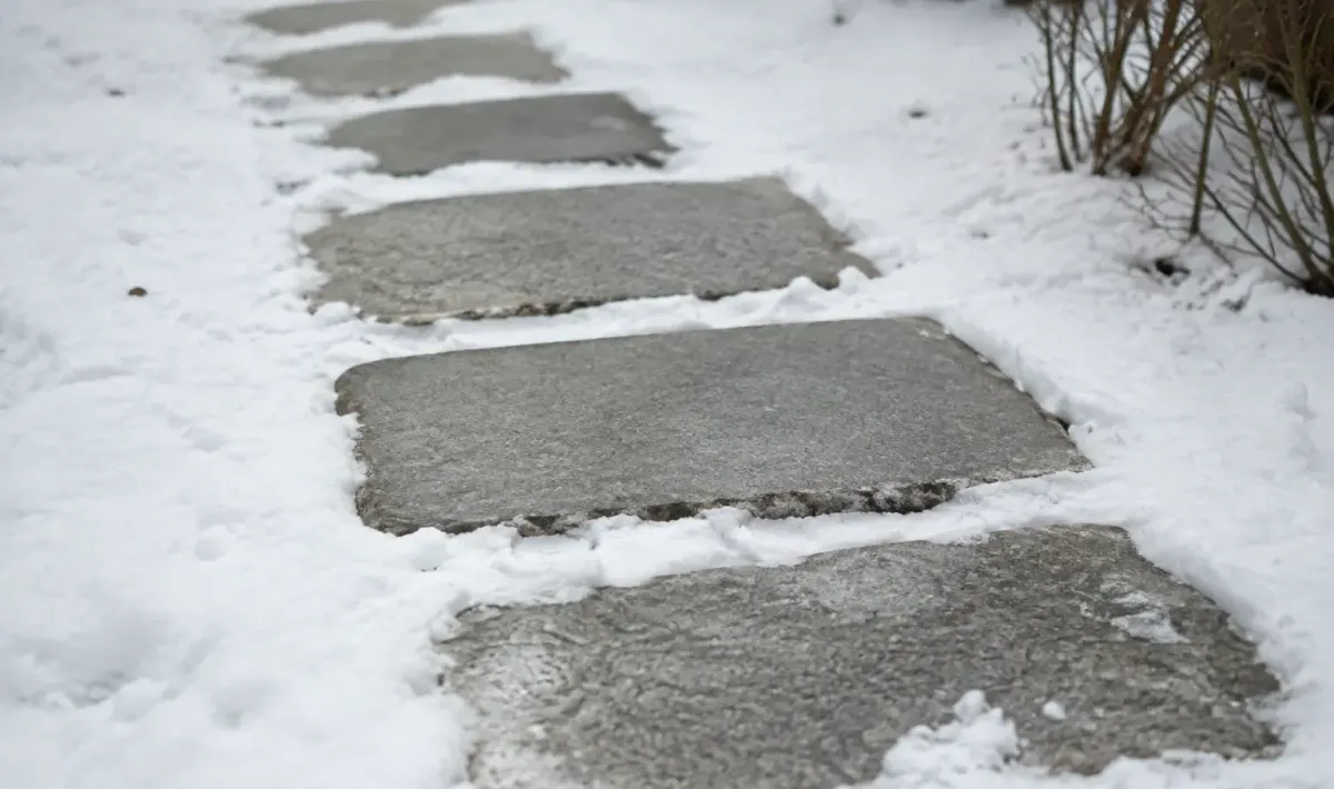 Dalles grises alignees sur surface poudreuse blanche