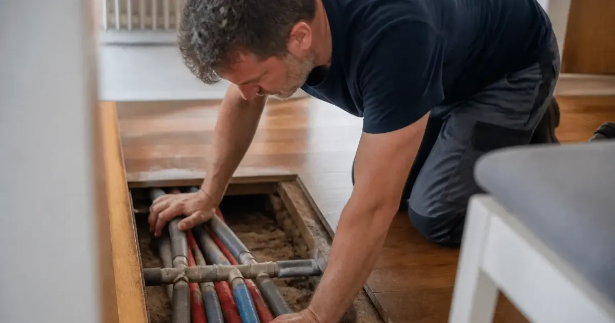 Technicien inspecte tuyaux chauffants sous plancher ouvert