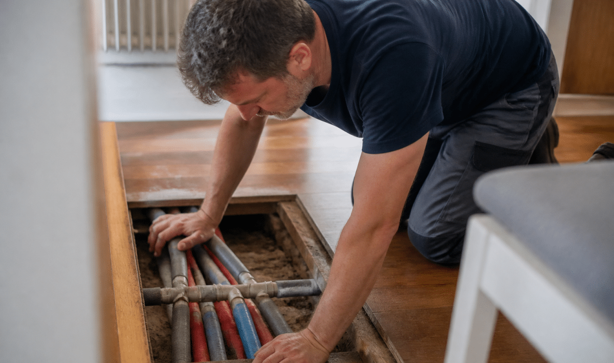 Technicien inspecte tuyaux chauffants sous plancher ouvert