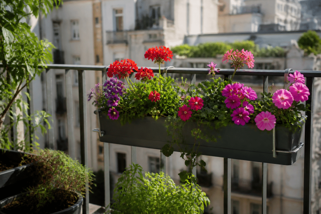 Fleurs colorees en pot sur balcon ensolleille