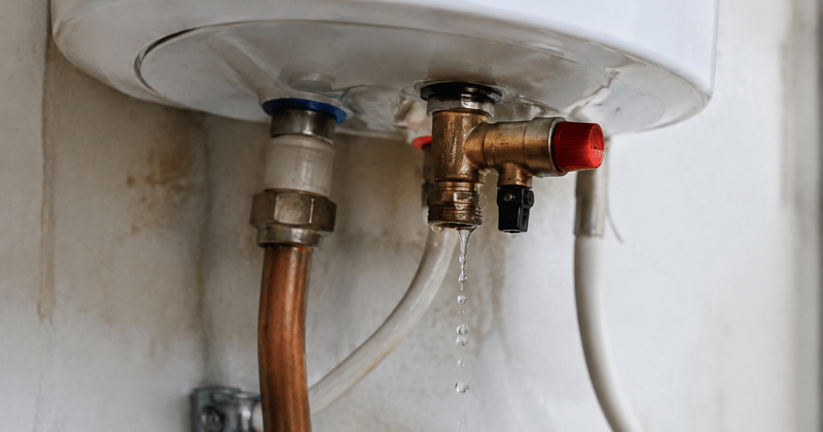 Groupe securite chauffe-eau avec gouttelettes eau s'echappant vers bas