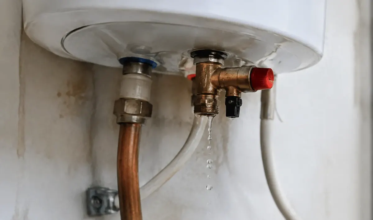 Groupe securite chauffe-eau avec gouttelettes eau s'echappant vers bas