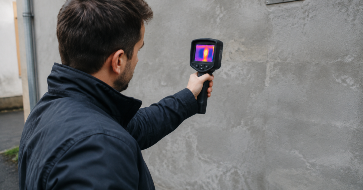Inspecteur brandissant capteur thermique devant mur gris