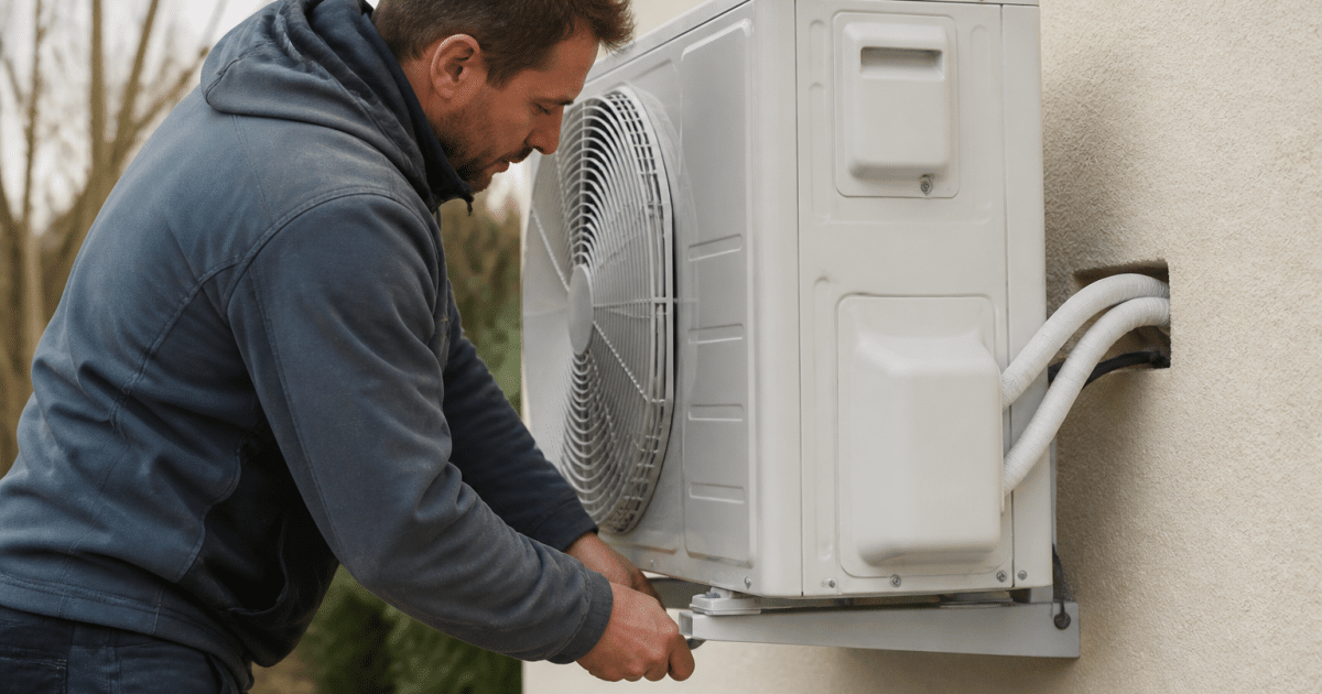 Technicien installant unite exterieure pompe chaleur fixee au mur