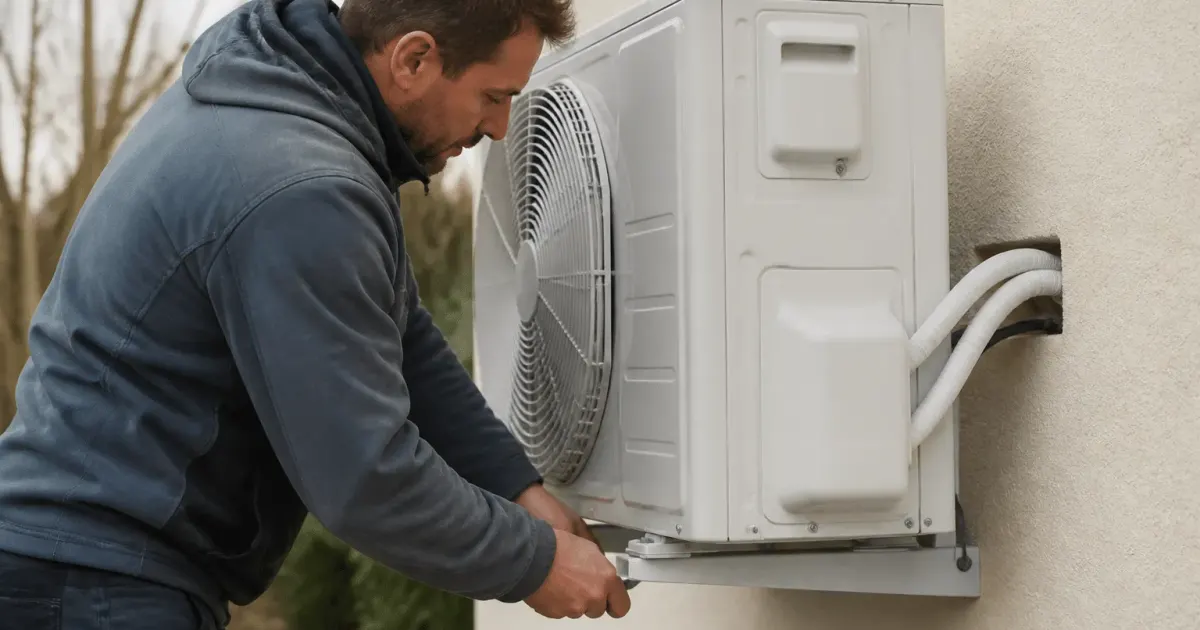 Technicien installant unite exterieure pompe chaleur fixee au mur