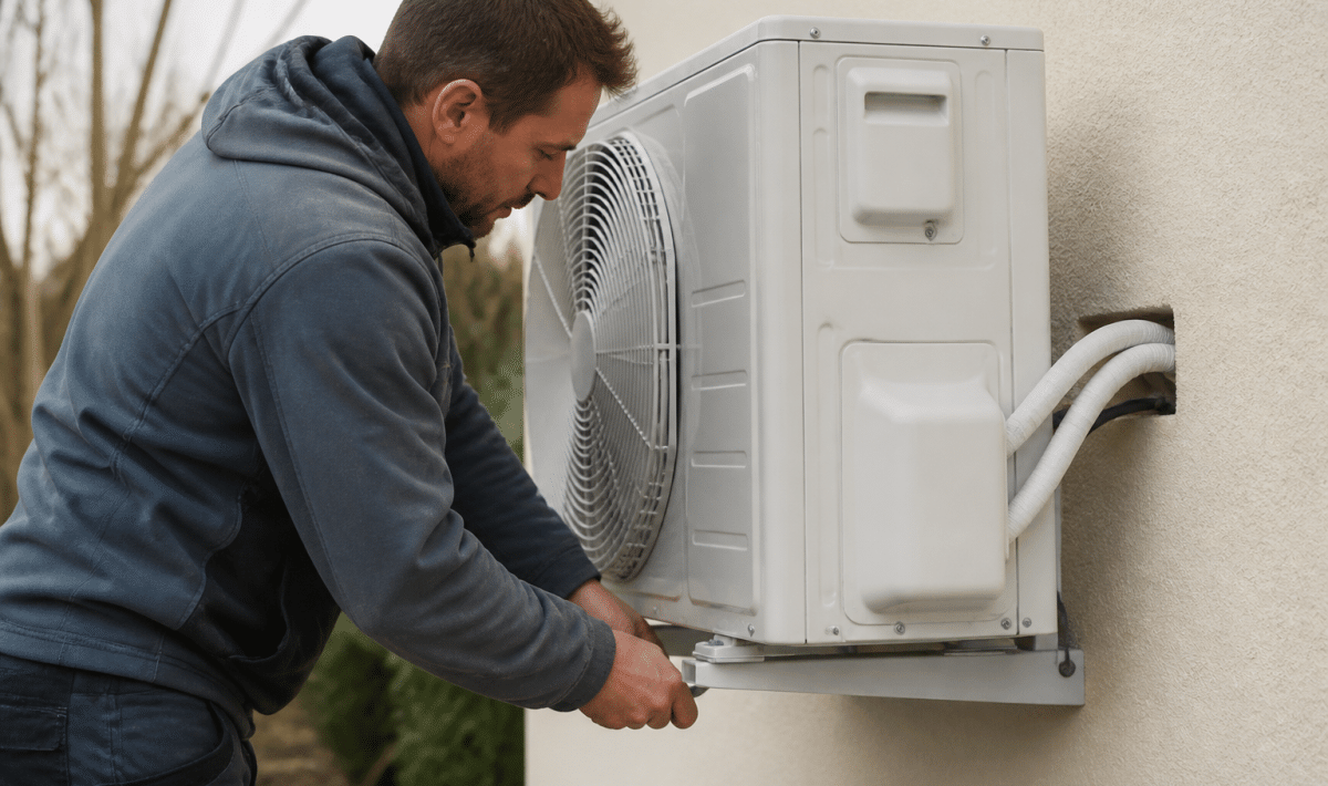 Technicien installant unite exterieure pompe chaleur fixee au mur