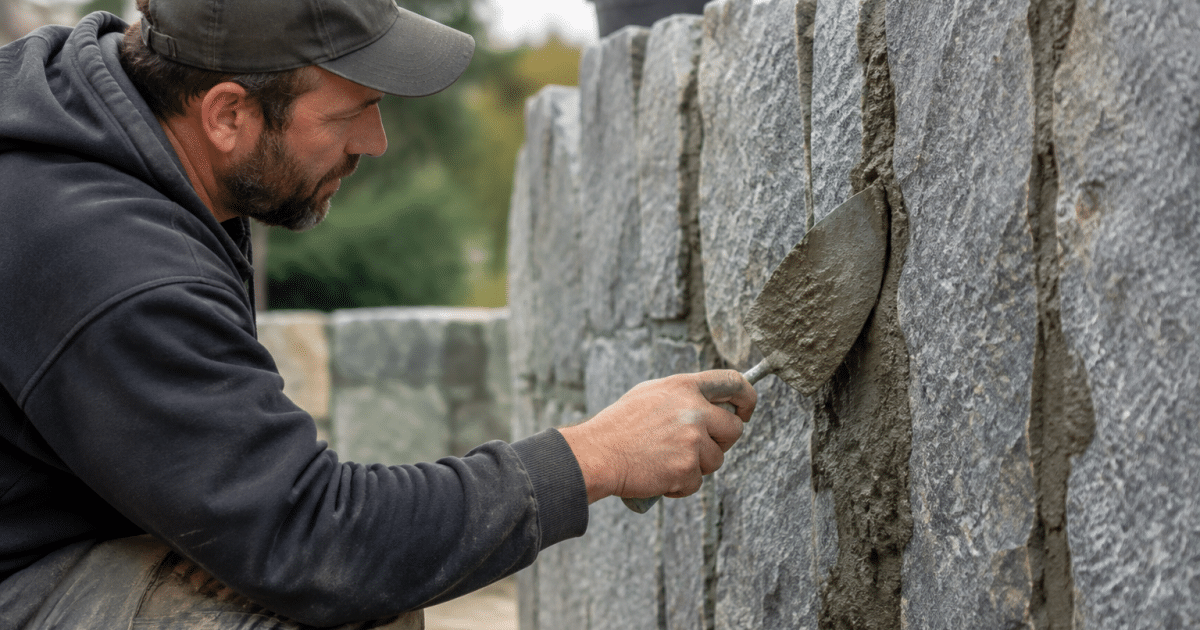 Maçon appliquant mortier gris entre pierres grises alignées verticalement