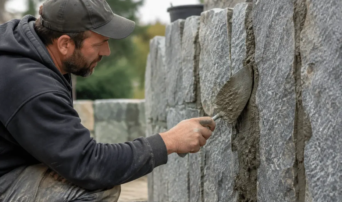 Maçon appliquant mortier gris entre pierres grises alignées verticalement