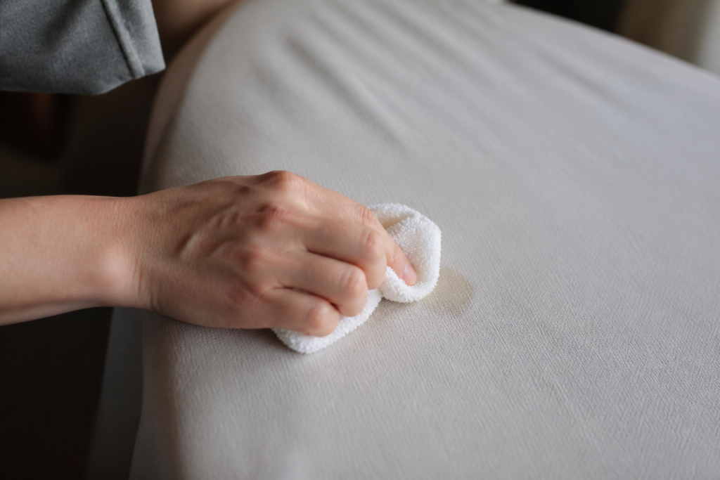Main avec chiffon tamponne tache sur tissu clair
