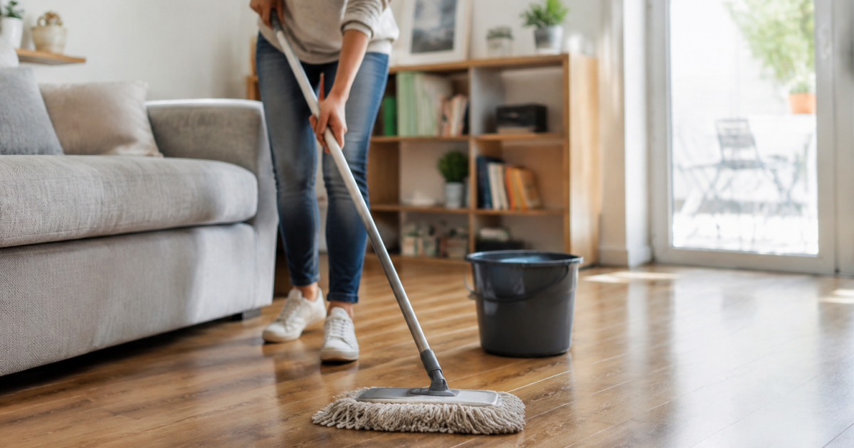 Main nettoyant plancher bois avec vadrouille humide