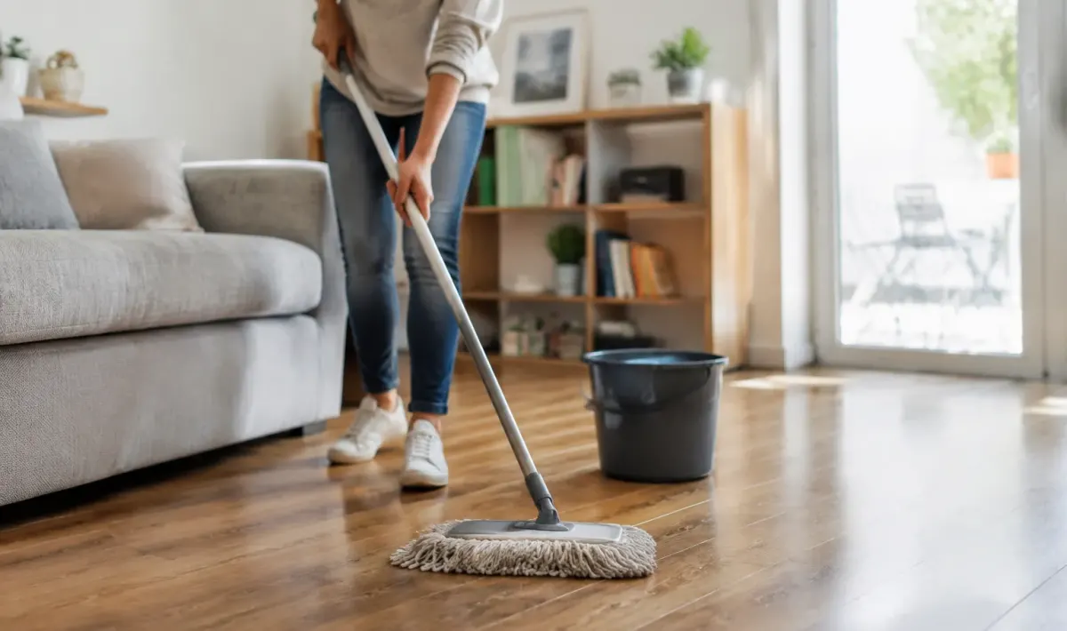 Main nettoyant plancher bois avec vadrouille humide