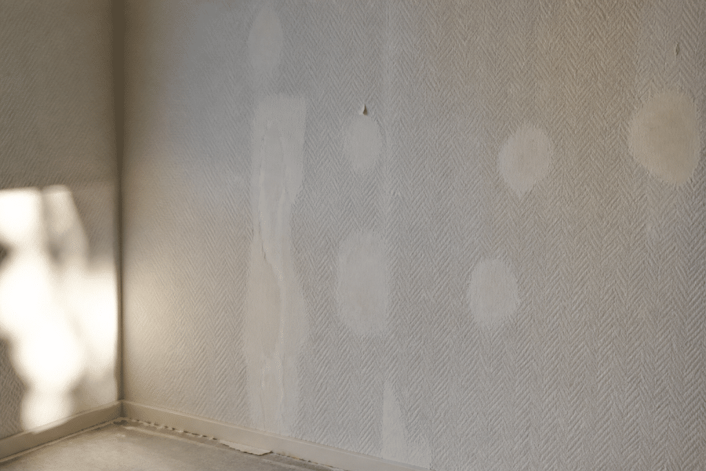 Mur mal préparé avec rebouchage visible sous papier peint