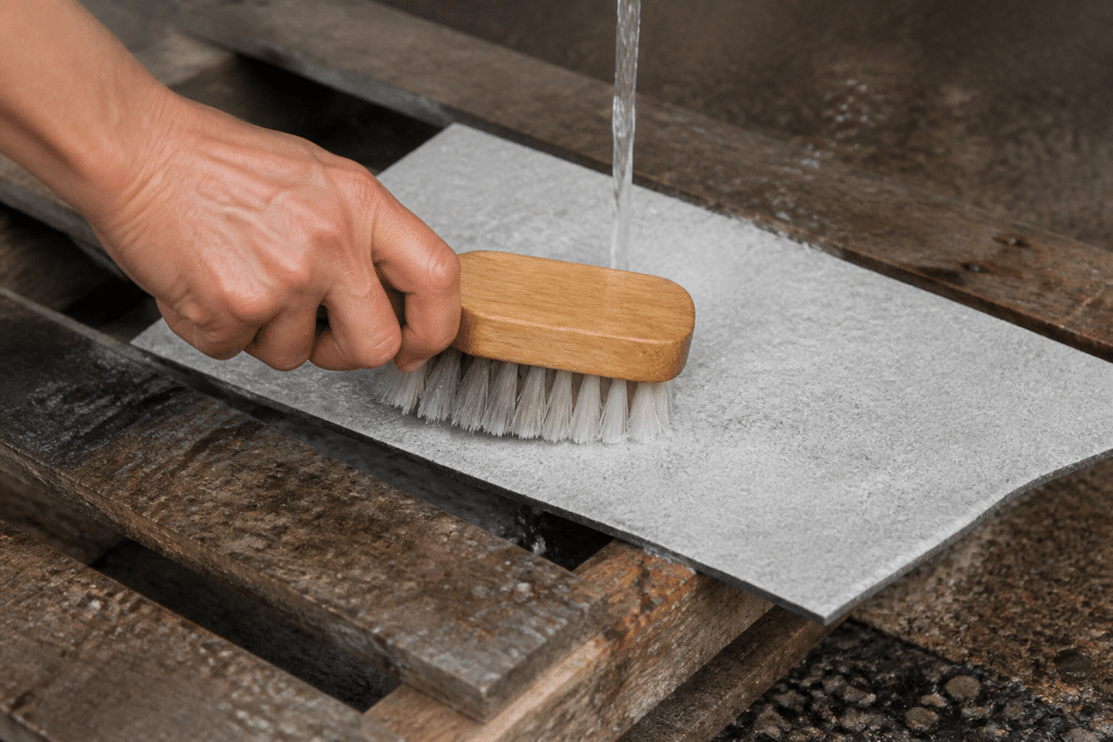 Brosse manuelle nettoyant plaque grise fibrée sous jet eau