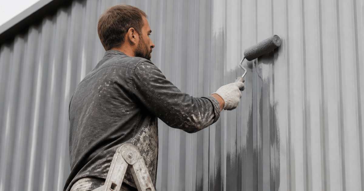 Ouvrier sur echelle peint surface ondule grise