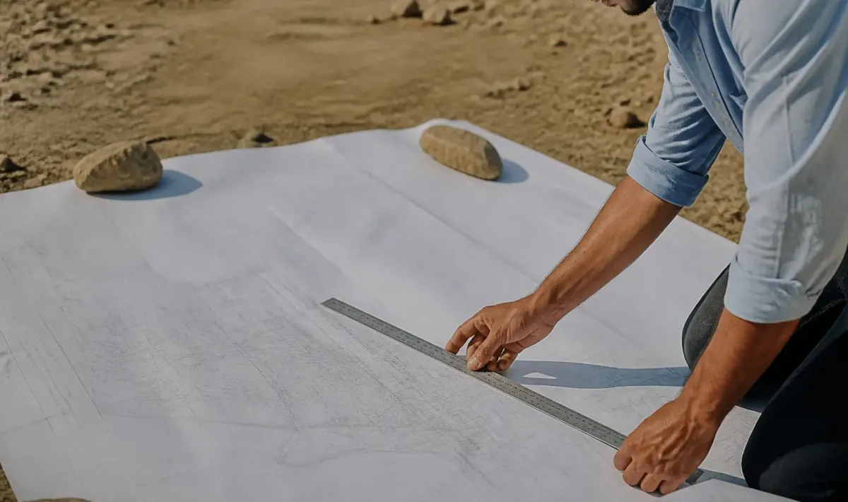 Plan architectural déroulé montrant surfaces de terrain mesurées avec règle