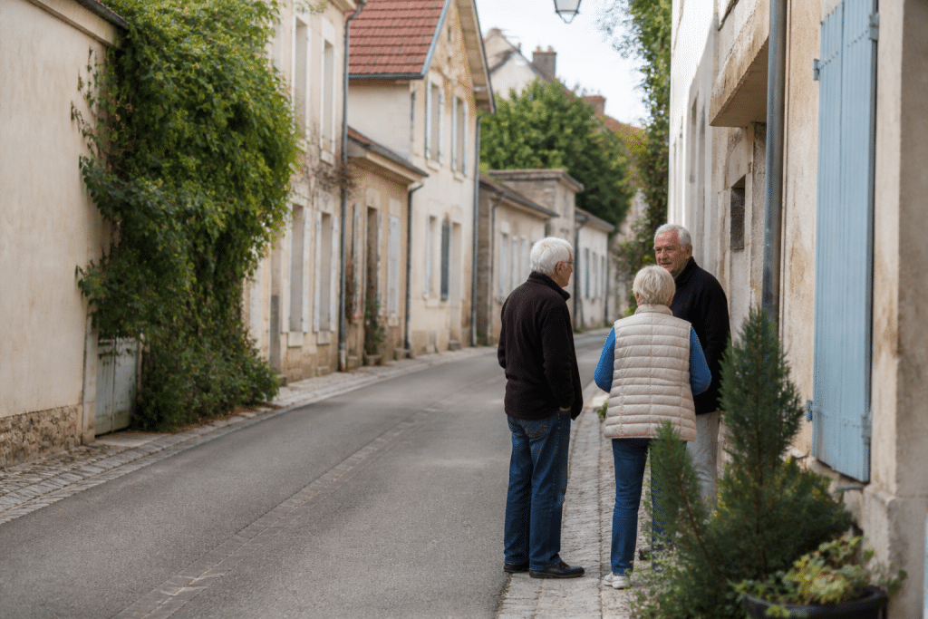 Rue tranquille de petite ville avec commerces et habitants discutant