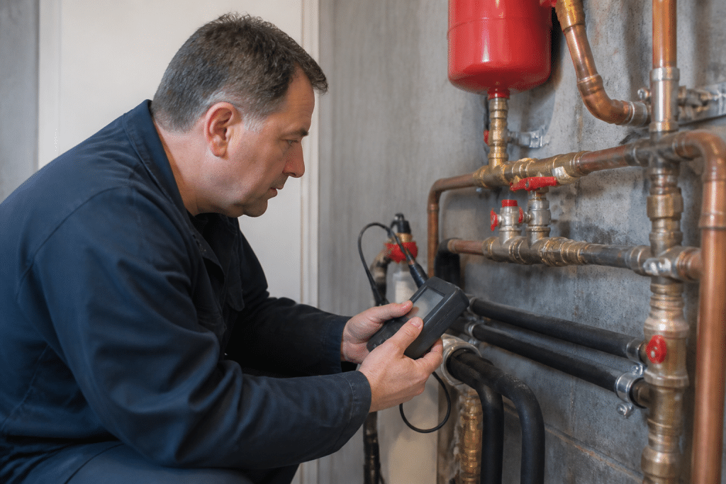 Plombier professionnel inspectant tuyauterie avec outils de mesure