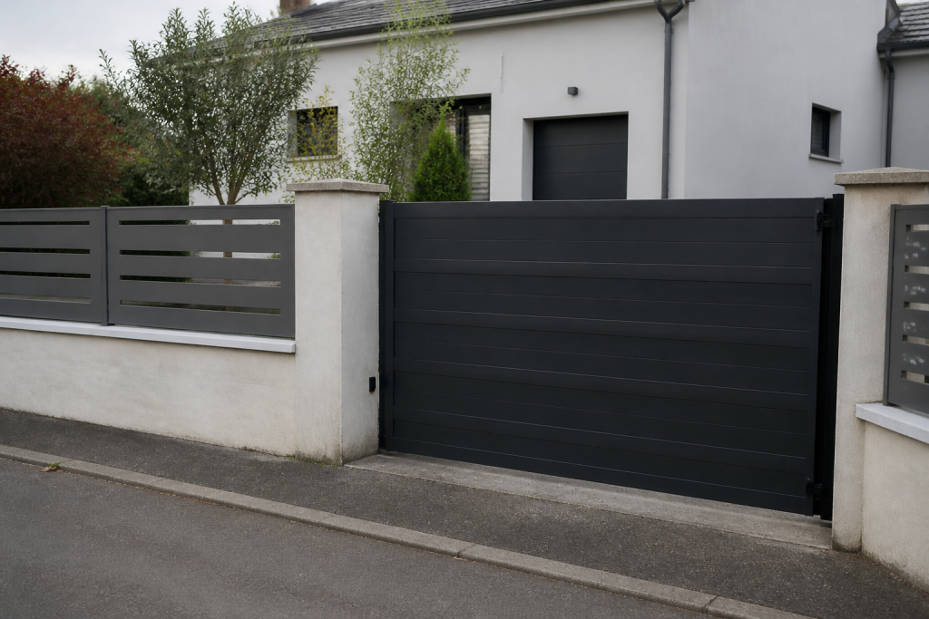 Portail noir metal et cloture grise devant maison