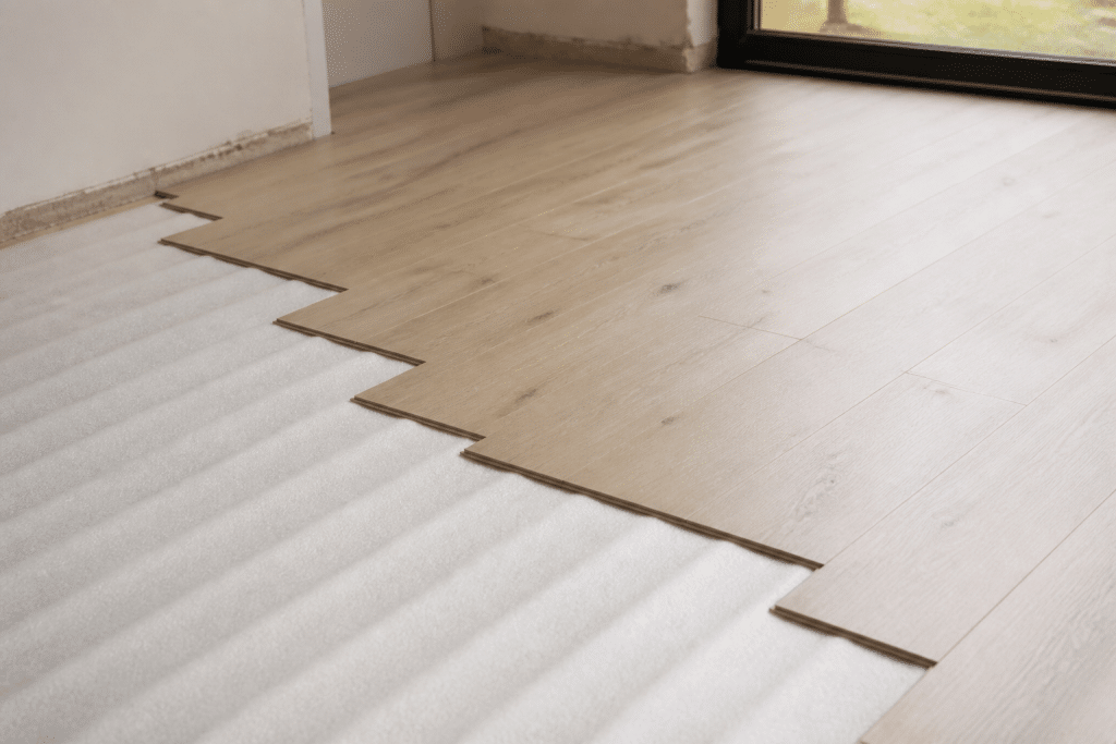 Lames de stratifie emboitees sur sous-couche isolante blanche