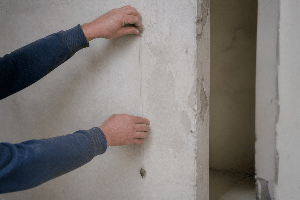 Mains mesurant mur avec fil à plomb vertical