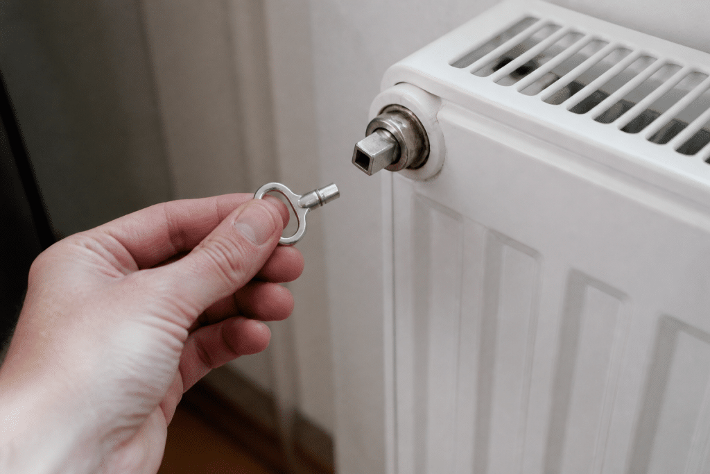 Cle de purge carree posee pres d'un radiateur blanc