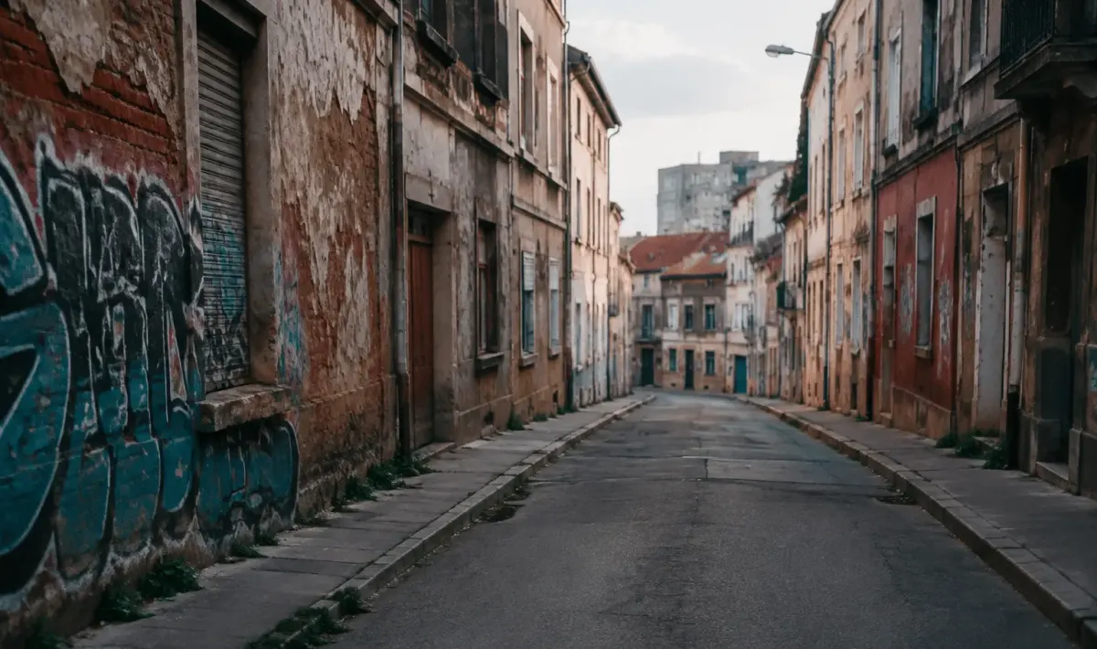 Rues urbaines desertes avec immeubles degrades et graffitis visibles