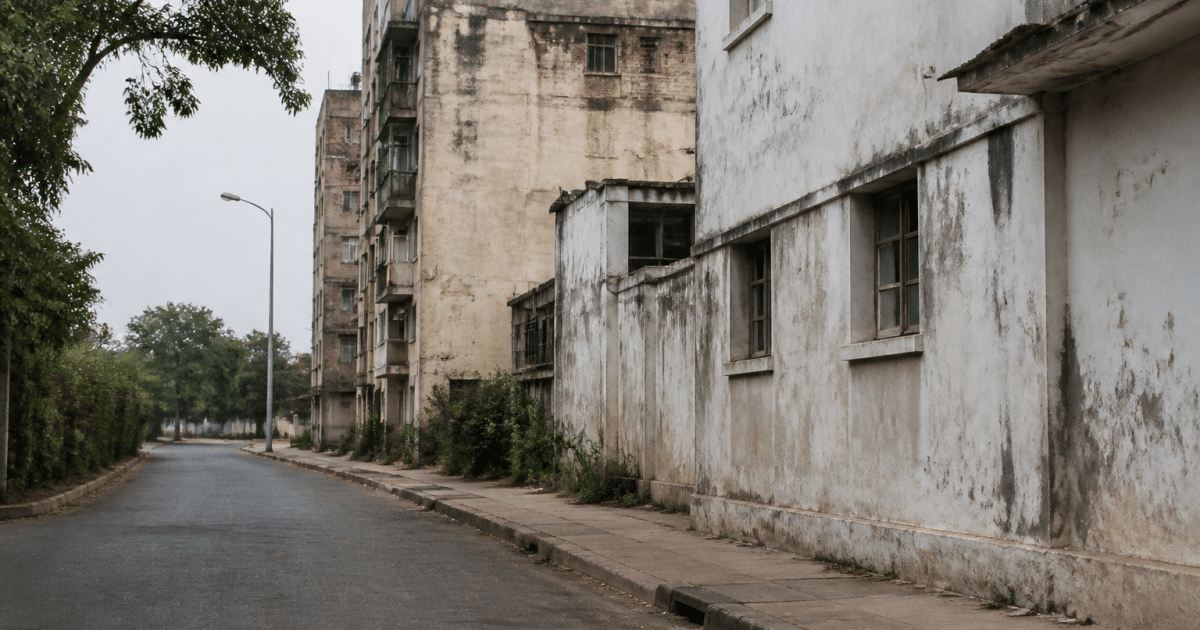 Rues desertes de quartier urbain avec batiments deteriores en arriere-plan