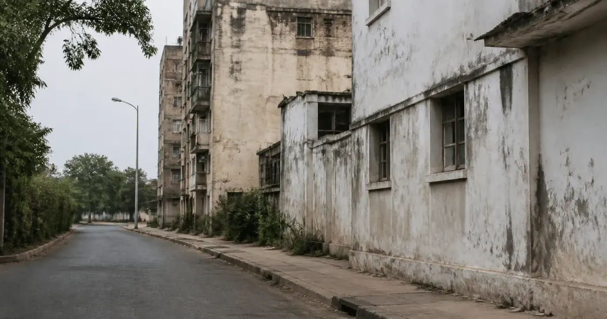 Rues desertes de quartier urbain avec batiments deteriores en arriere-plan