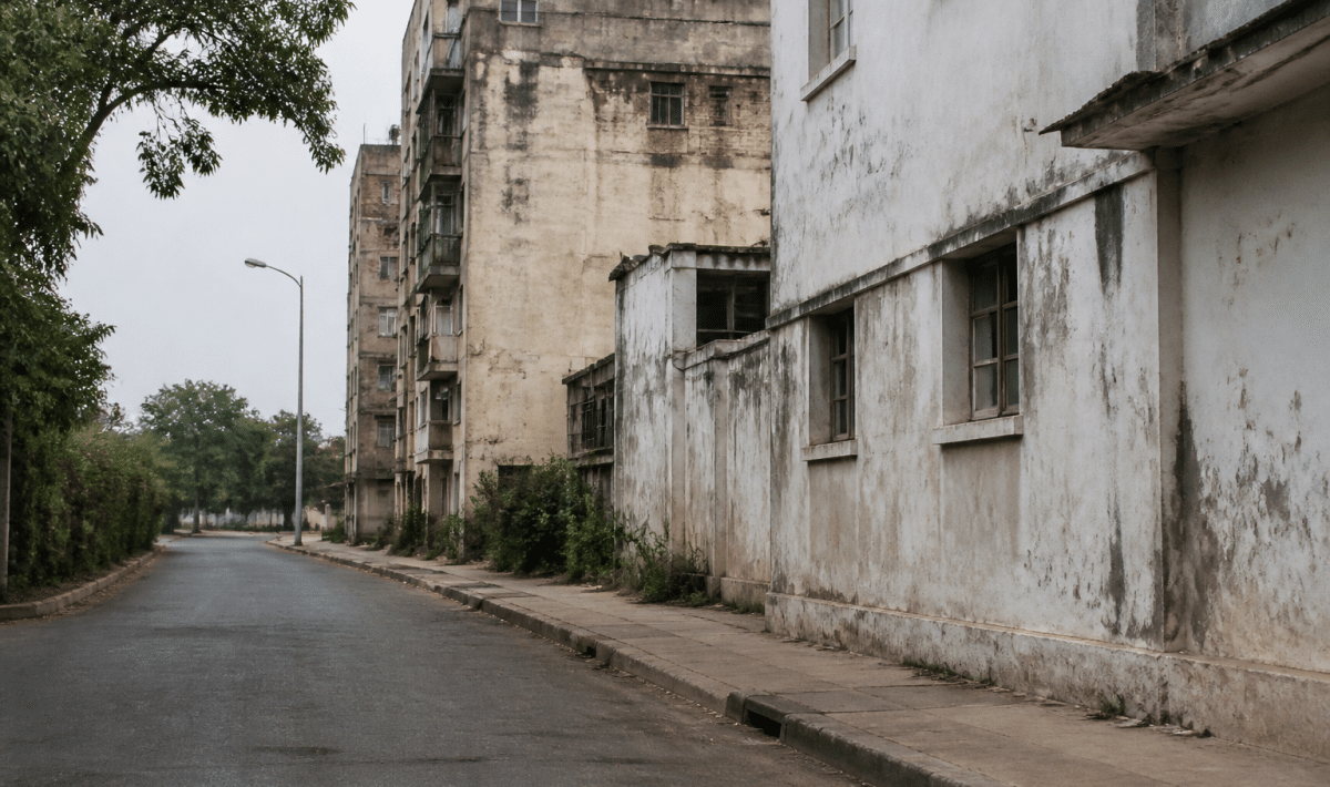 Rues desertes de quartier urbain avec batiments deteriores en arriere-plan