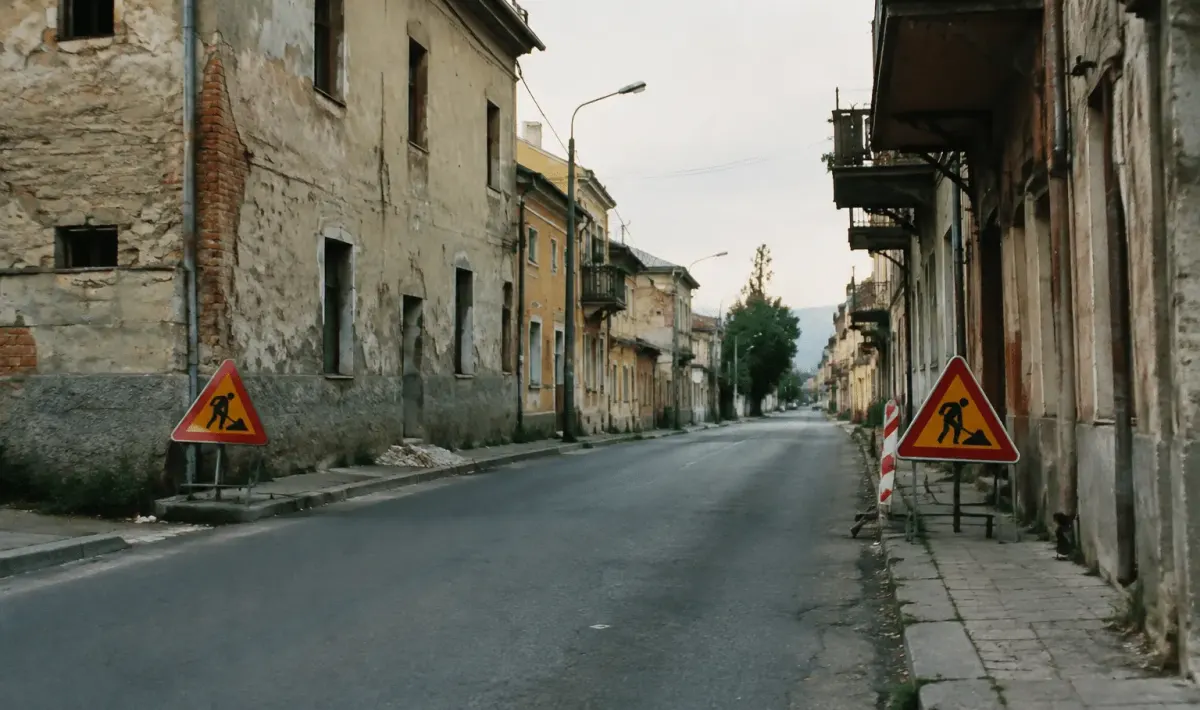 Rue deserte avec immeubles deteriores et panneaux d'avertissement visibles