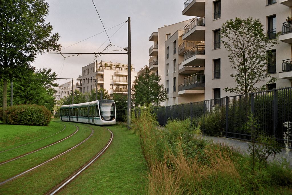 Immeubles residentiels avec tramway et espaces verts environnants