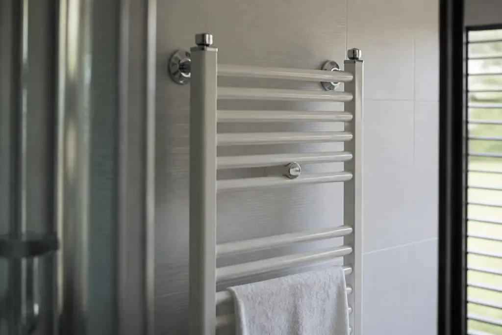 Radiateur salle bain blanc chromé montré mur carrelage