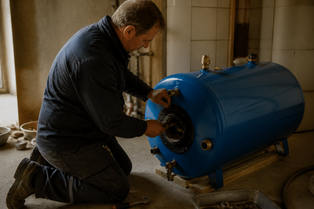 Technicien remplaçant reservoir eau chaude metal bleu
