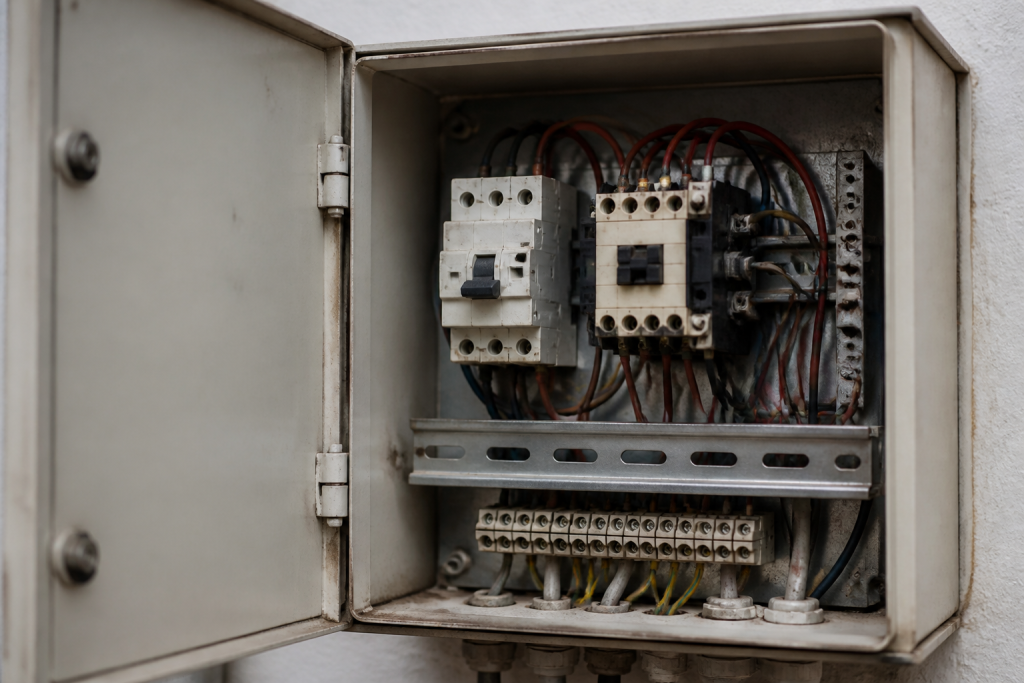 Tableau electrique ouvert montrant disjoncteur et contacteur
