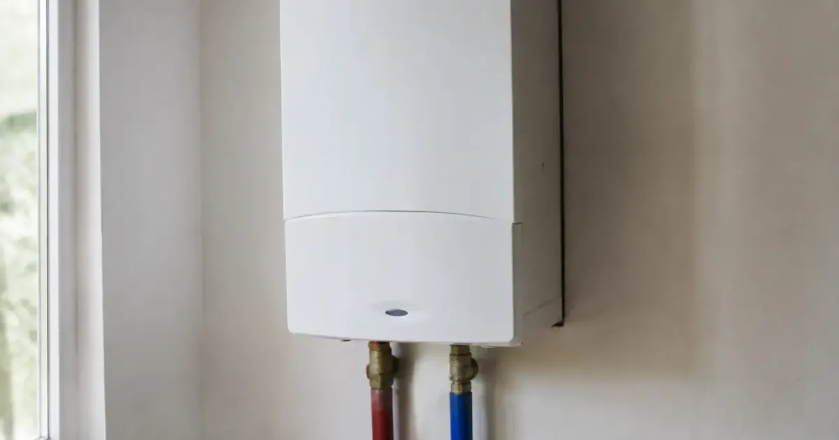 Appareil blanc fixe au mur, deux tuyaux en bas