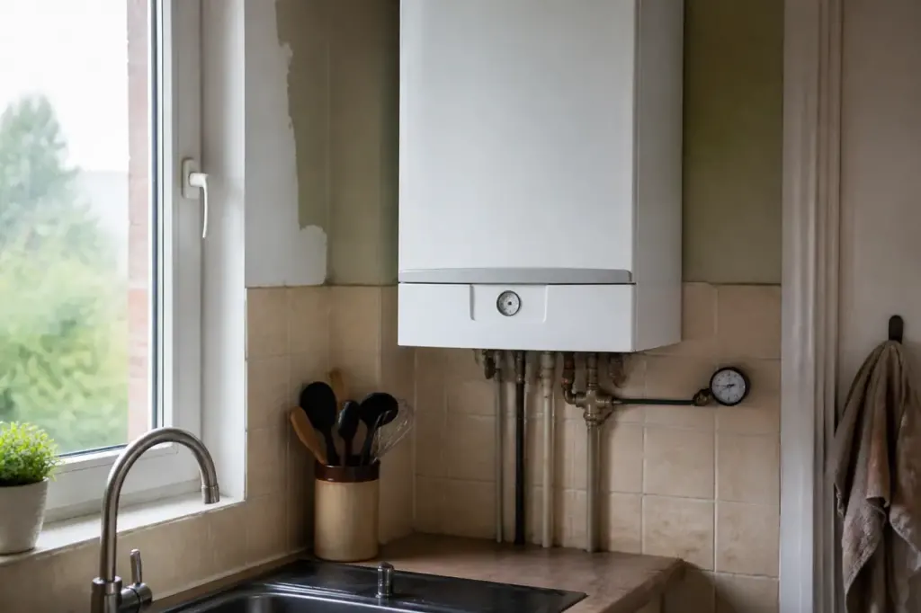 Chaudiere murale blanche installee dans une cuisine avec manometre
