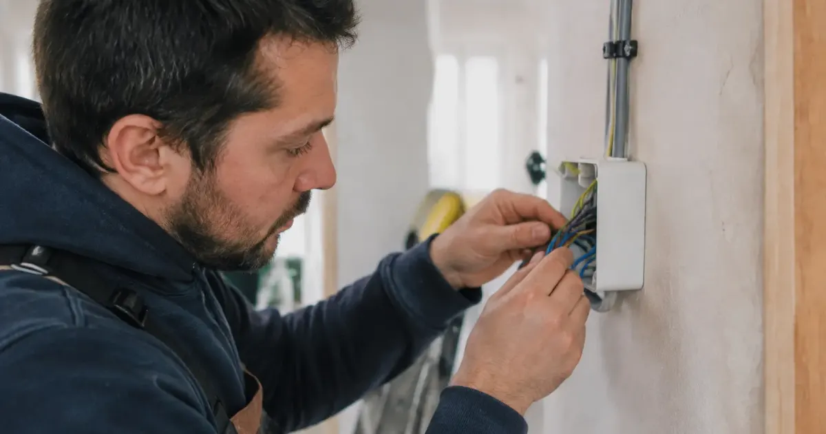 Electricien relie des fils sur une petite boite blanche