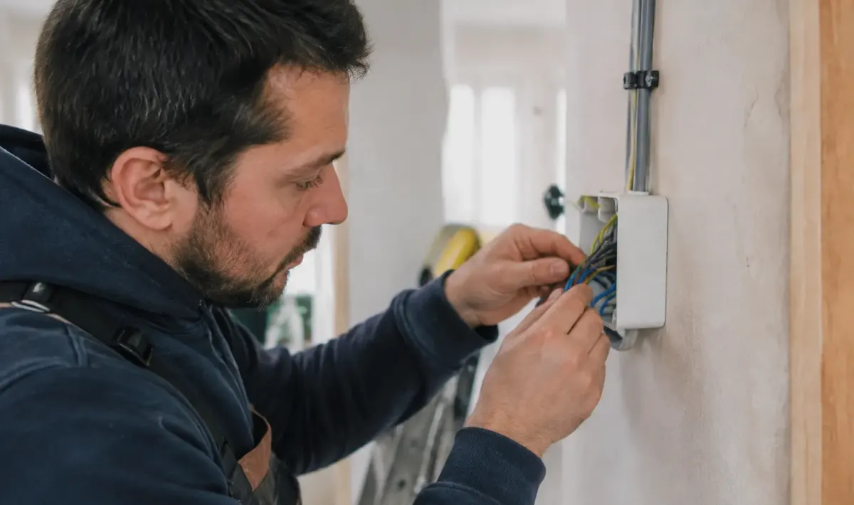 Electricien relie des fils sur une petite boite blanche