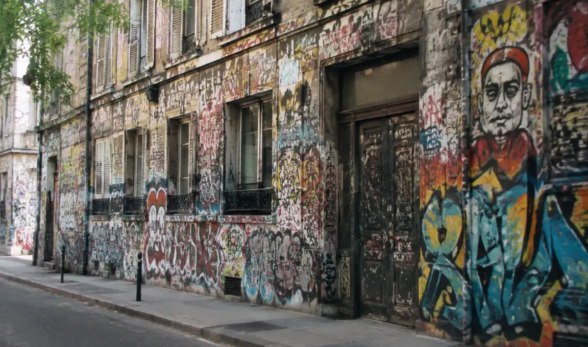 Facade urbaine vieille entierement couverte de graffitis