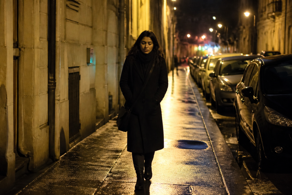 Femme seule marchant de nuit dans rue eclairee