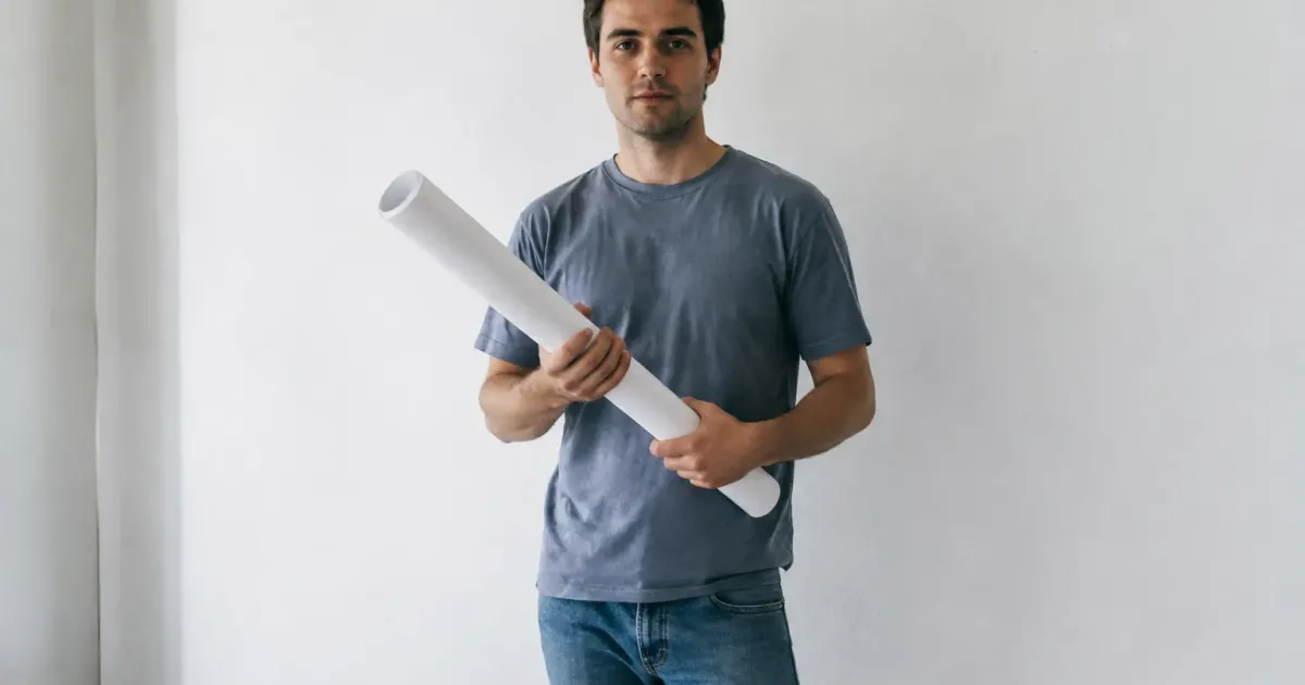Homme debout tenant un rouleau devant un mur blanc