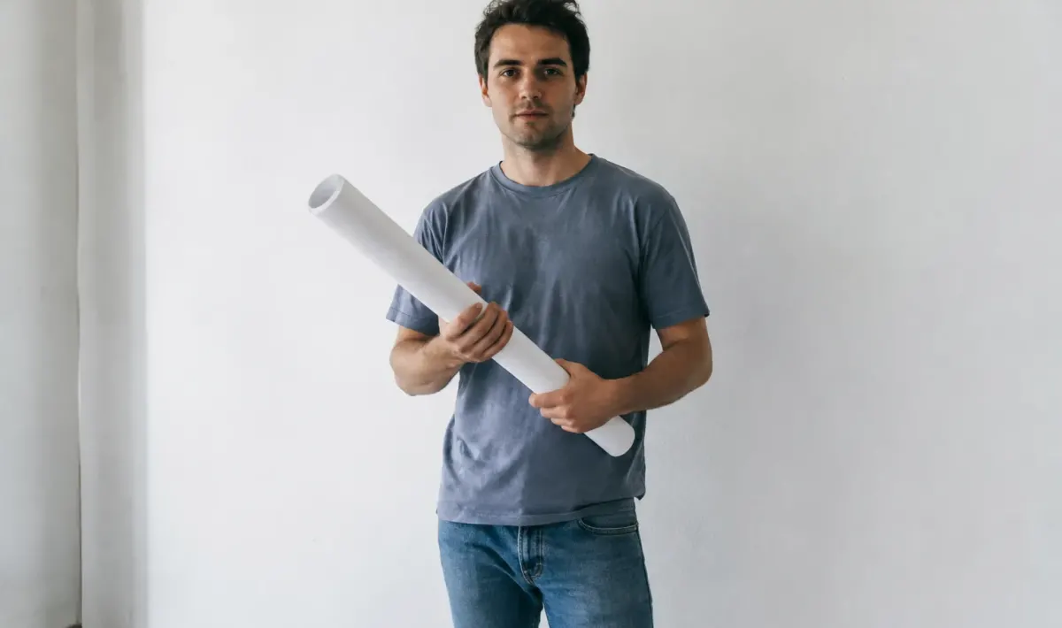 Homme debout tenant un rouleau devant un mur blanc