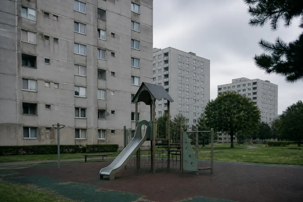 Immeubles gris et aire de jeux pour enfants