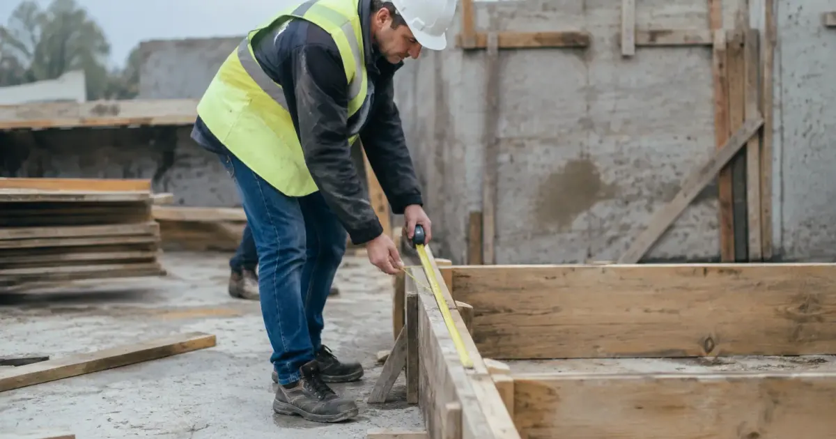 Ingenieur debout mesurant un coffrage en bois au sol