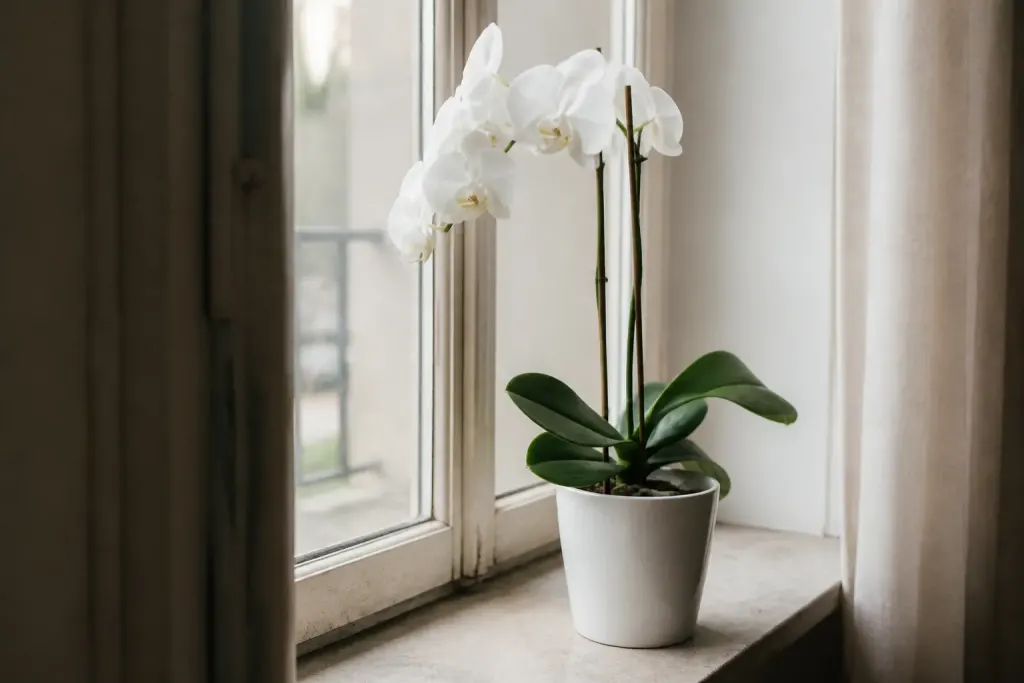 Orchidee blanche en pot sur rebord de fenetre