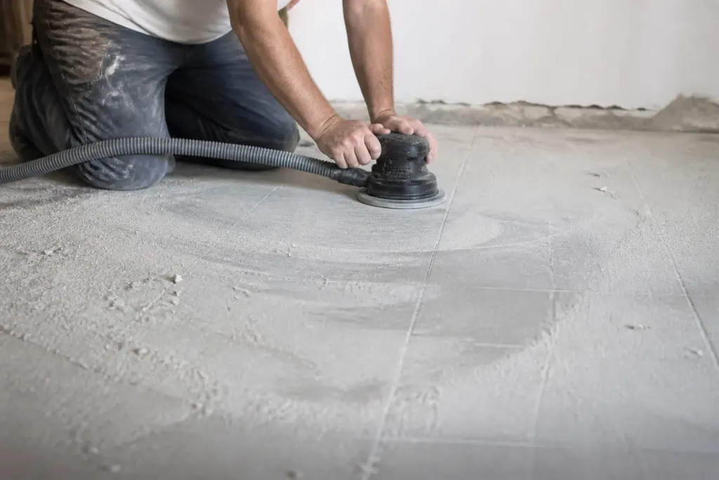 Ponceuse orbitale sur carrelage couvert de poussiere blanche