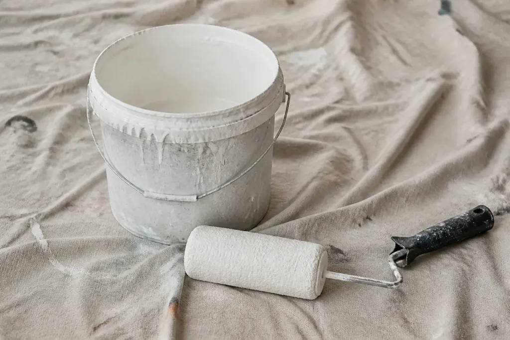 Pot de couleur ouvert et rouleau sur bache